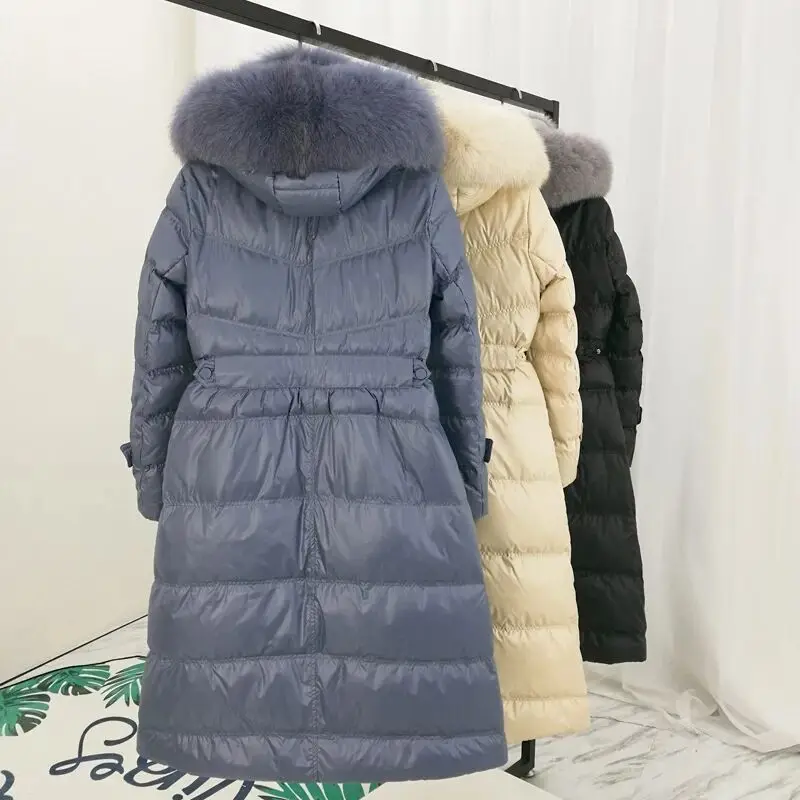 

2021 Winter 90% White Duck Down Coat Women Thick Warm Hooded Jackets Large Real Fox Fur Slim Female Long Down Parkas Overcoat