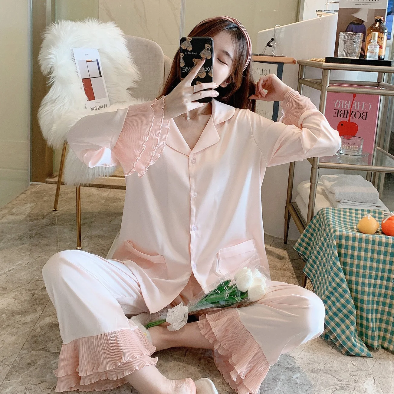 JRMISSLI атласные пижамы для женская обувь весны украшение Цвет пижама с длинными