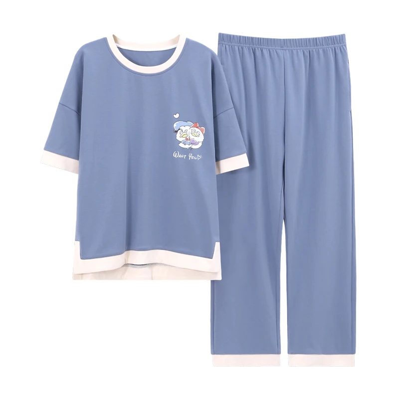 

Homewear Loose Comfort Solid Color Cartoon Sweet Nightwear New Summer Pajamas Set For Women Short Sleeve Cute Cotton Sleepwear