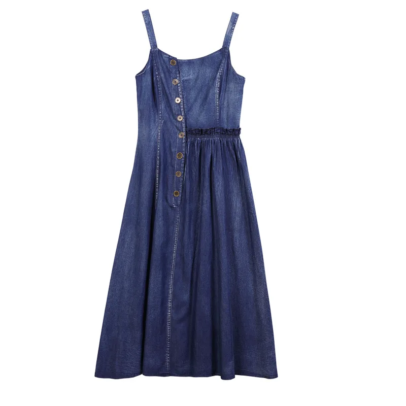 

2021 Summer Women Asymmetry Single-breasted Casual Slim Fit Thin Jeans Strap Dress Female Vintage Fashion Long Denim Dresses