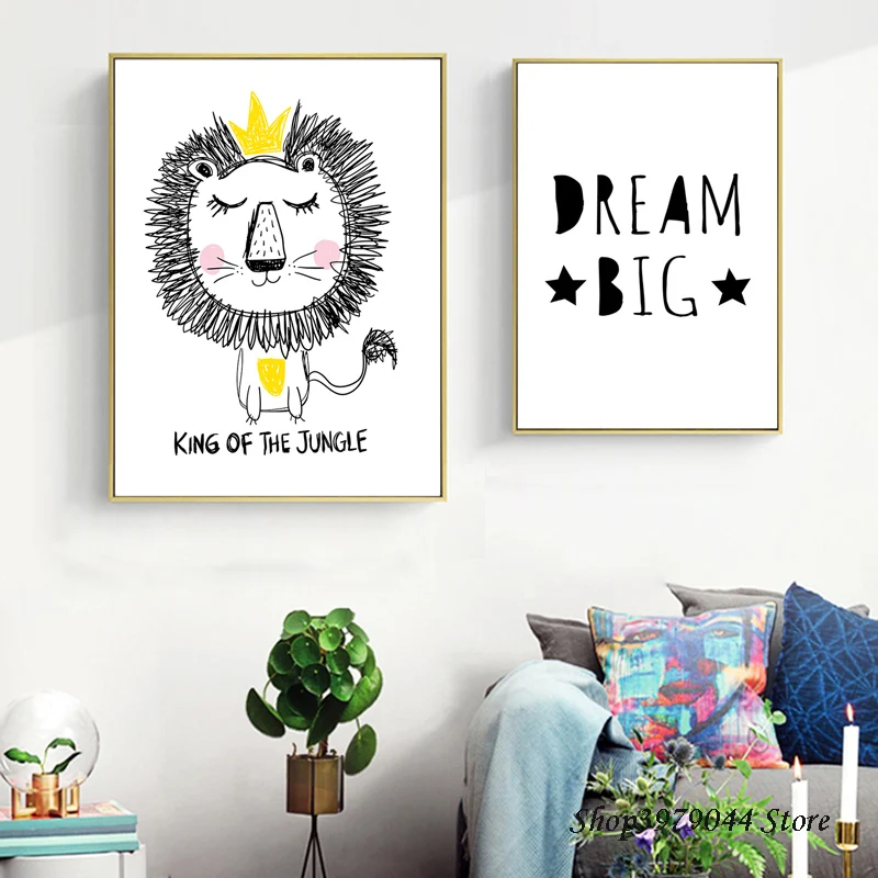 Мультяшный желтый плакат со львом холст художественная настенная живопись