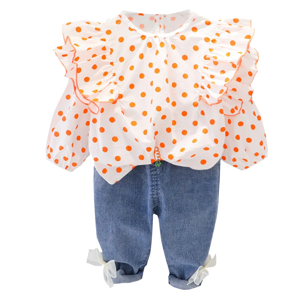 

Baby Girls Spring Autumn Clothes Sets Kids Long Flying Sleeve Polka Dot T-shirt Cute Bow Denim Pants 2 Piece Fashion Clothing