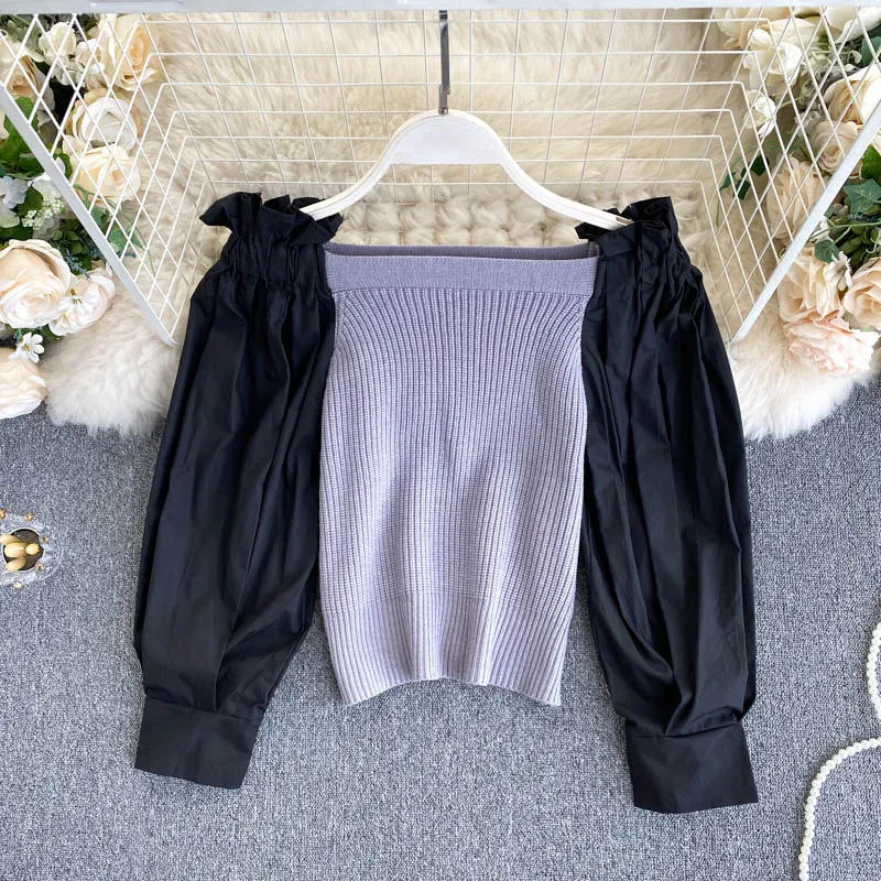 Осень 2020 Новый женский дизайн с рукавами-пузырями сшитые Короткие ретро вязаные