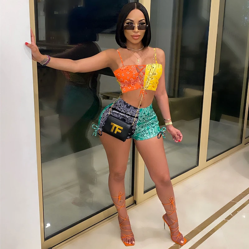 

Beyprern Fashion Hollow Out Printed Shorts Set Two Piece Outfits Womens Laced Crop Top And Matching Set Party Club Wear 2021 New