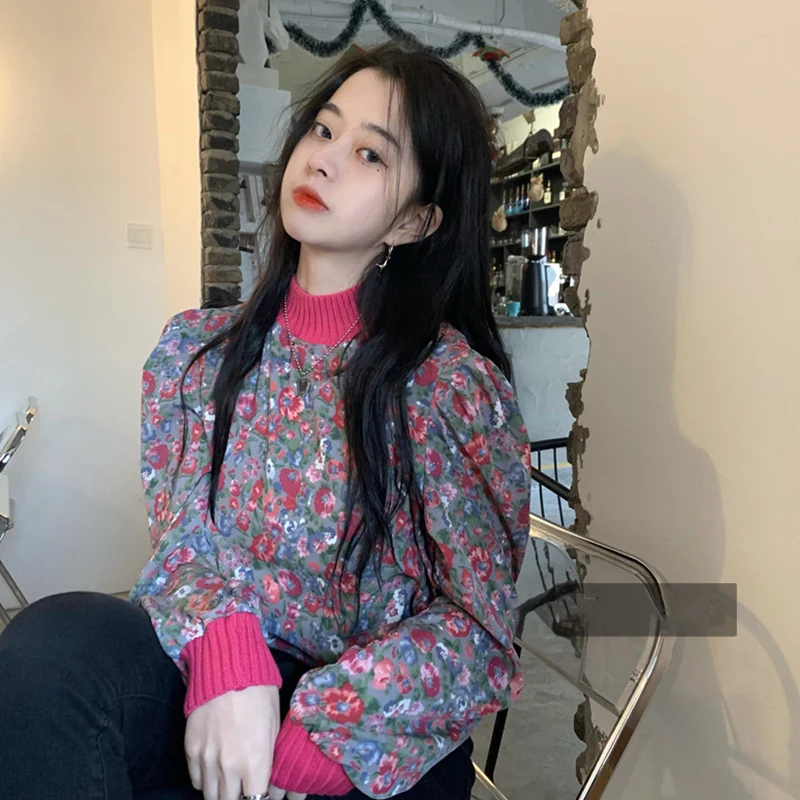 

Vintage Floral Turtleneck Women Blouses Autumn New Long Sleeve Straight Pullovers Fashion All-Match Female Shirts