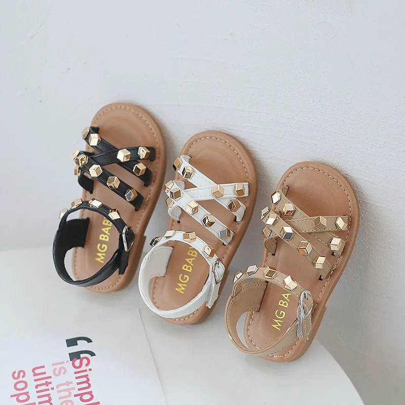 

Girls Sandals Kids Princess Casual Shoes 2021 Summer New Children's Soft-soled Non-slip Beach Shoes Buckle Rivets Baby Sandals