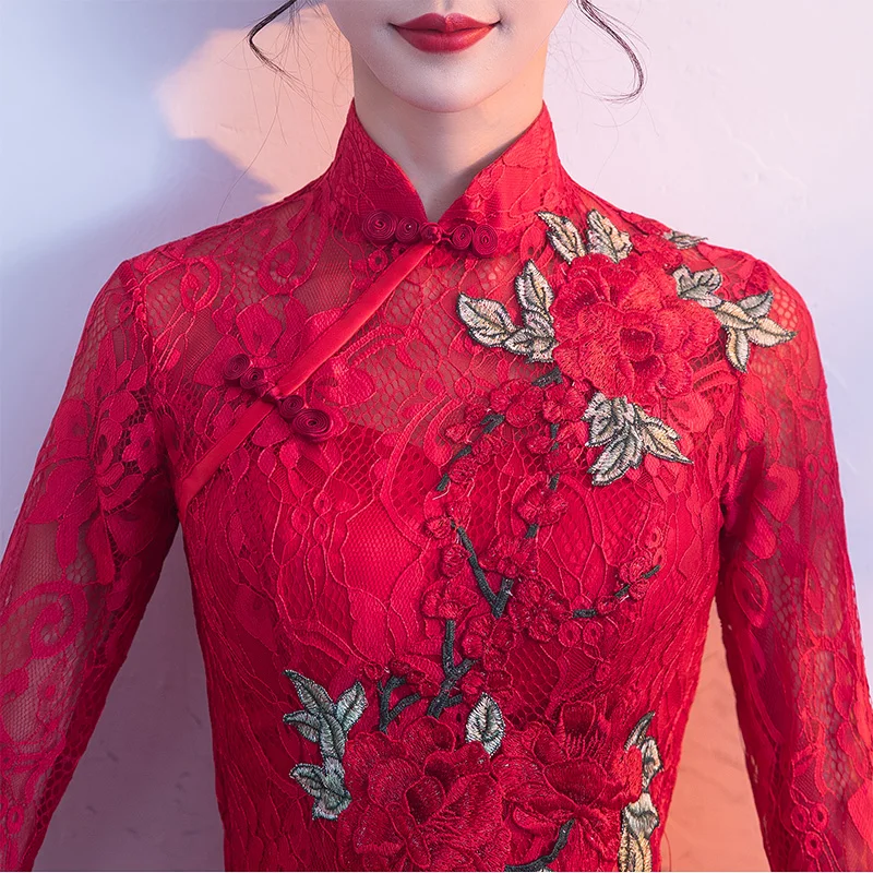 

Lace Sexy Female Cheongsam Red Qipao Chinese Wedding Dress Gown Vintage Women Flower cheongsam qipao dress Evening dress
