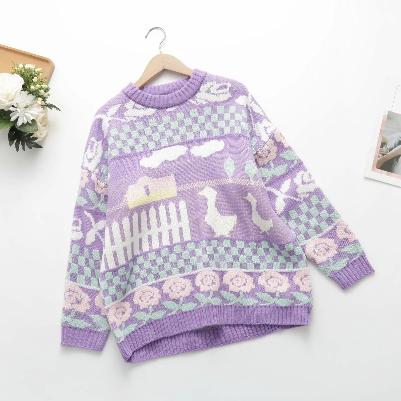 

Fairy Kei Pastel Duck Sweater Lilac 3/4 Sleeve Crew Neck Knit Pullover Jumper Soft Girl Aesthetic Harajuku Outfit