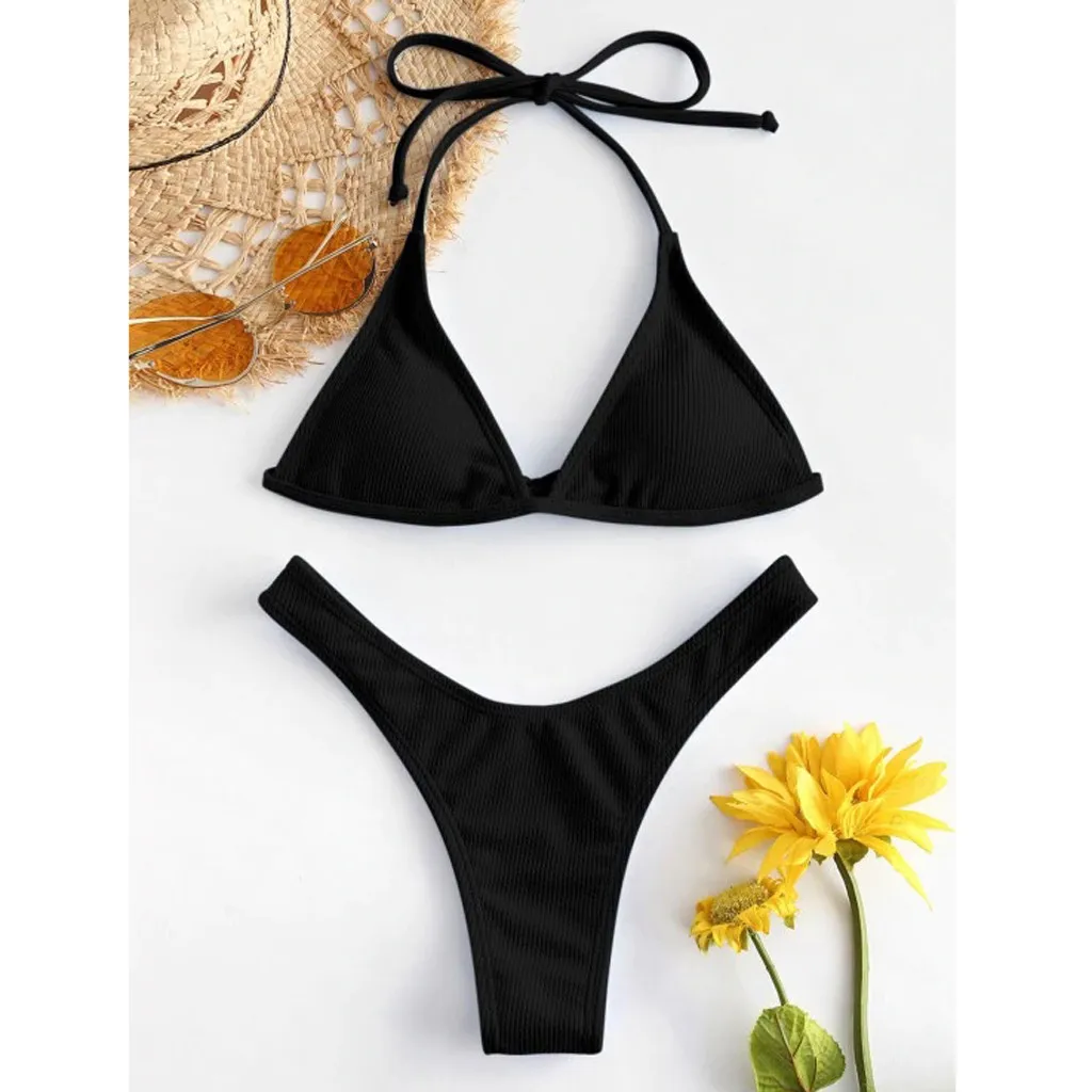 

Sexy Women Swimsuit Bikini Set 2021 Summer Solid Push Up High Waist Swimwear Ladies Beach Halter Bikini biquinis feminino A40