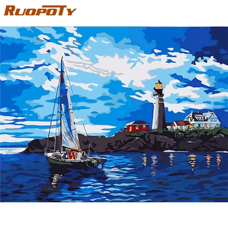 

RUOPOTY Painting By Numbers Kits Ship And Lighthouse Landscape Oil Picture By Number HandPainted 40x50cm Framed Home Artwork