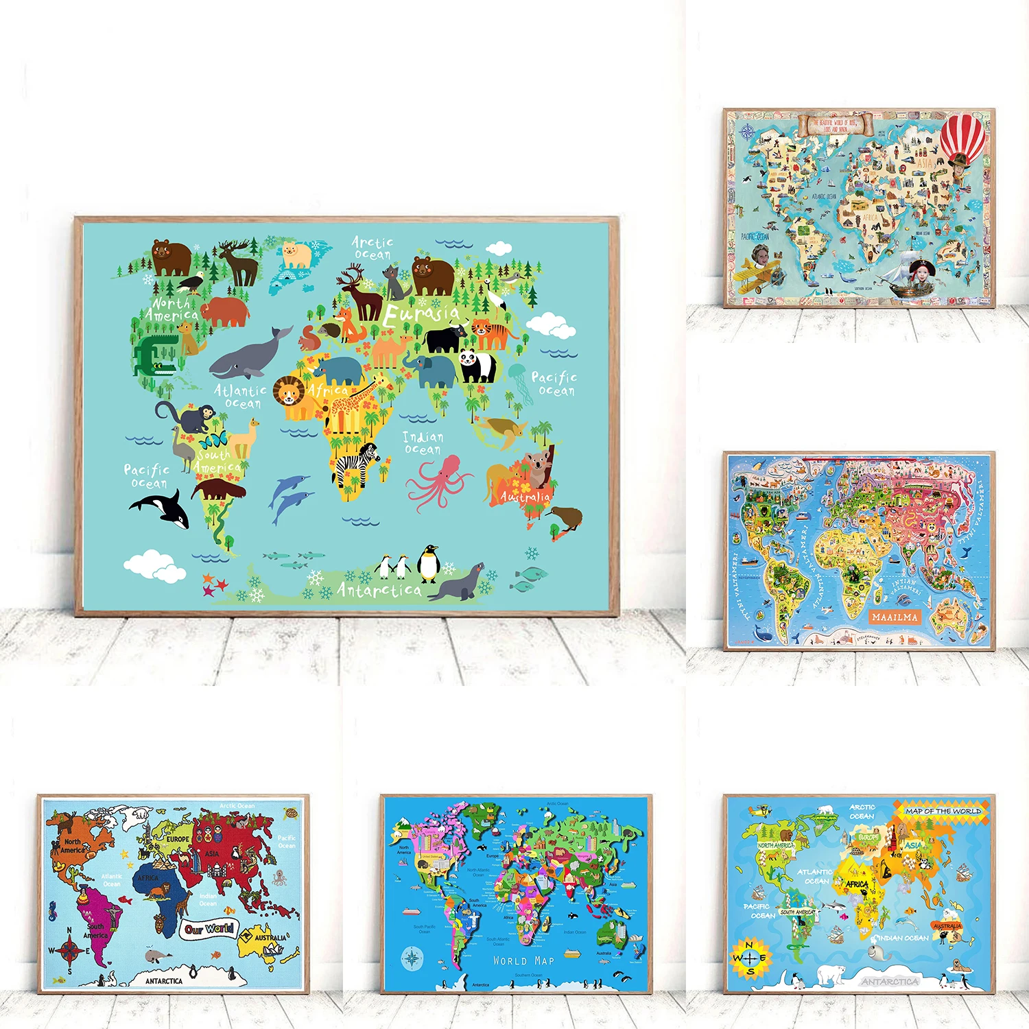

Cartoon World Map Canvas Painting Kids Room Decor Poster and Prints Classroom Decor Wall Art Pictures Home Decor
