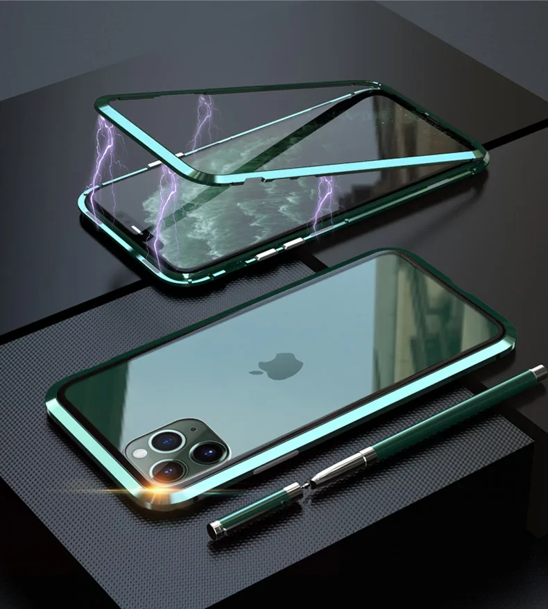 Металлический магнитный адсорбционный чехол для iphone 11, чехол из закаленного стекла для iphone 11 pro max, Новые Чехлы, бампер, чехол