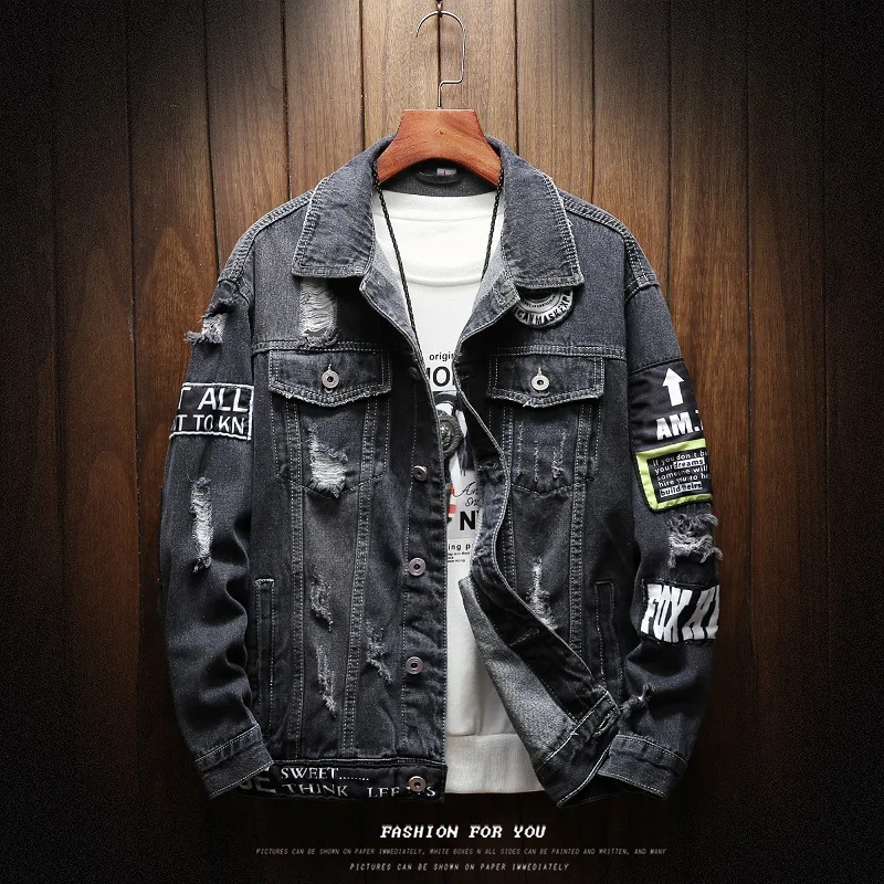 

Hot Sale Men's Denim Jacket Ripped Decor Hip-hop Long Sleeve Pocket Long Sleeve Personality Fashion Lapel Male Coat Streetwear