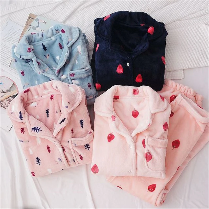 

Pajamas ladies winter thick warm large size long sleeve flannel autumn and winter cute casual home service suit pajamas