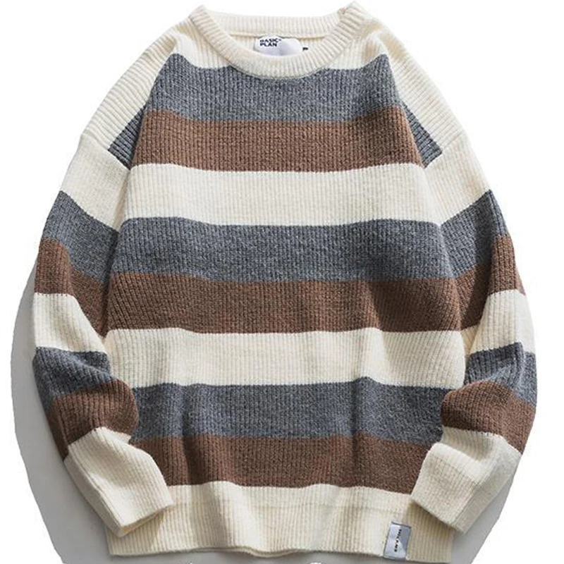 

Мужской винтажный свитер в полоску, японский пуловер в стиле хип-хоп Харадзюку для пар, вязаная одежда, Модный повседневный свободный свите...