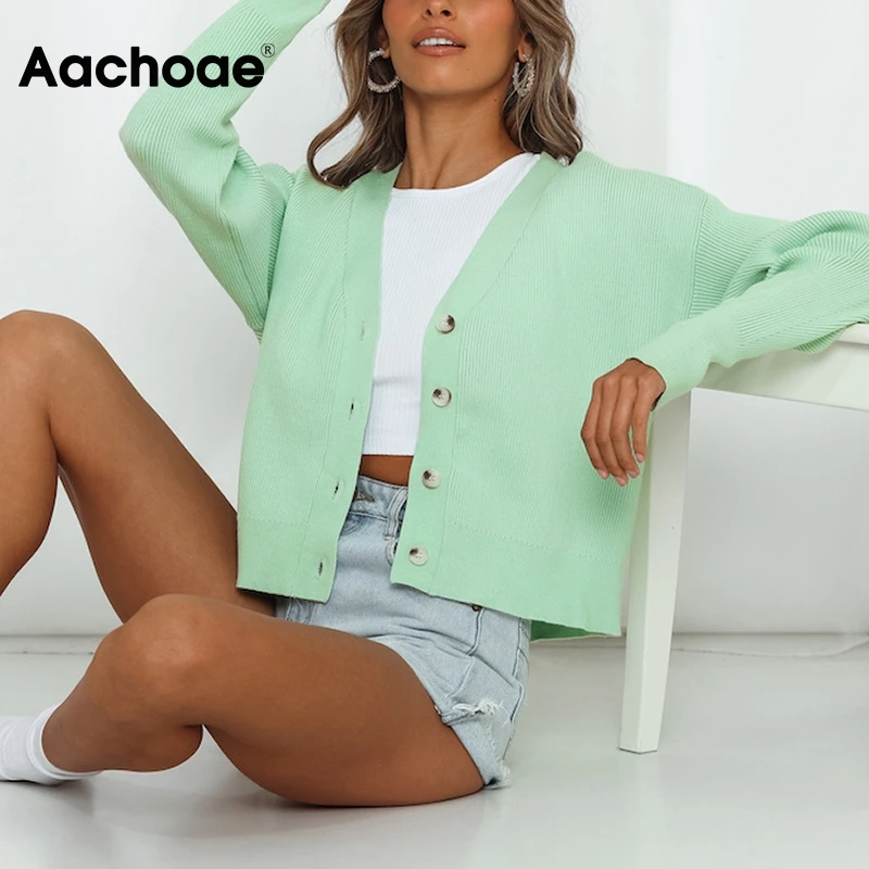 Aachoae 2020 Модный женский зеленый Укороченный кардиган вязаный свитер с v-образным