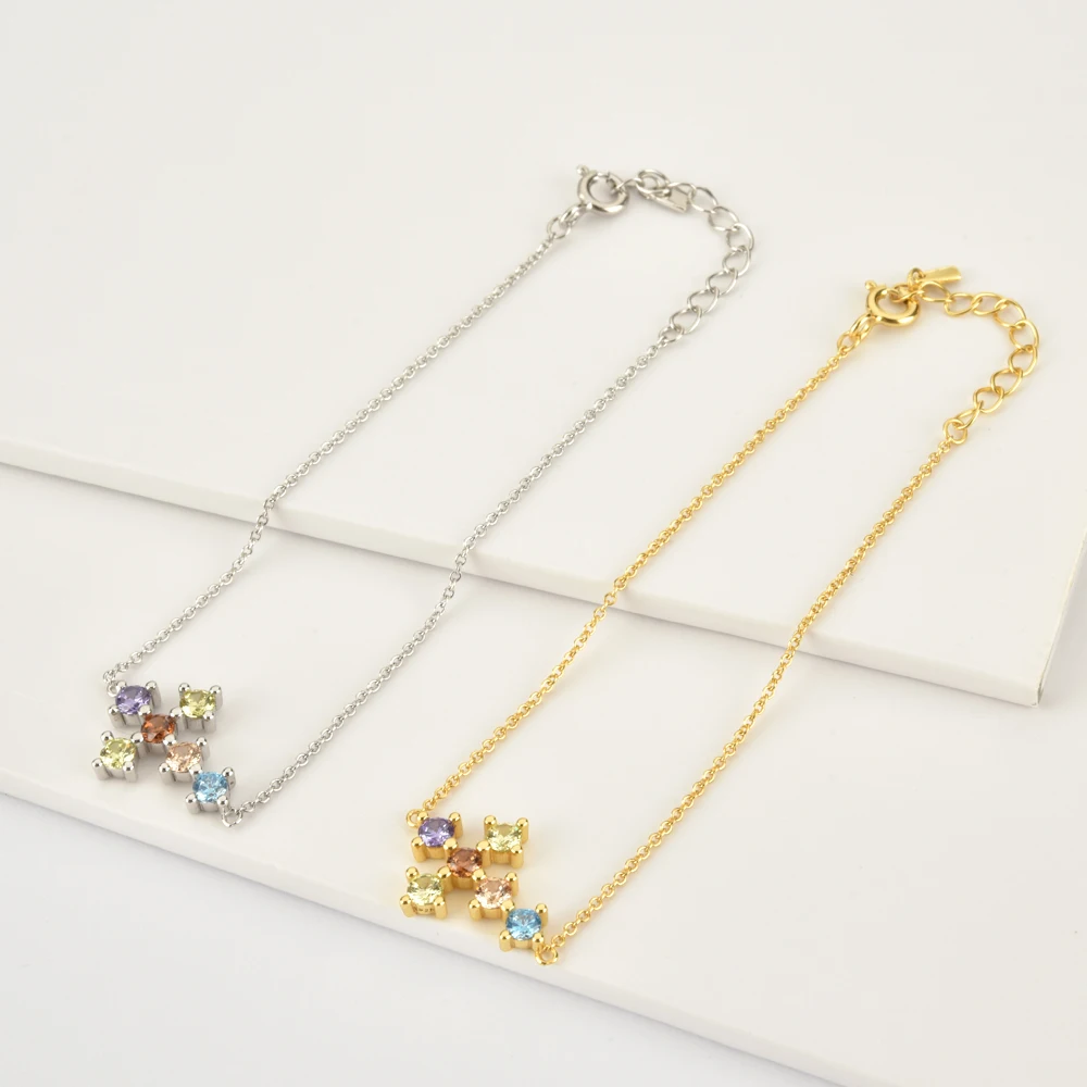 ANDYWEN 925 Sterling Silver Rainbow Colorful Six Zircon Cross Pendent Necklace Long Chain Women Luxury Jewelry Crystal Fine | Украшения и