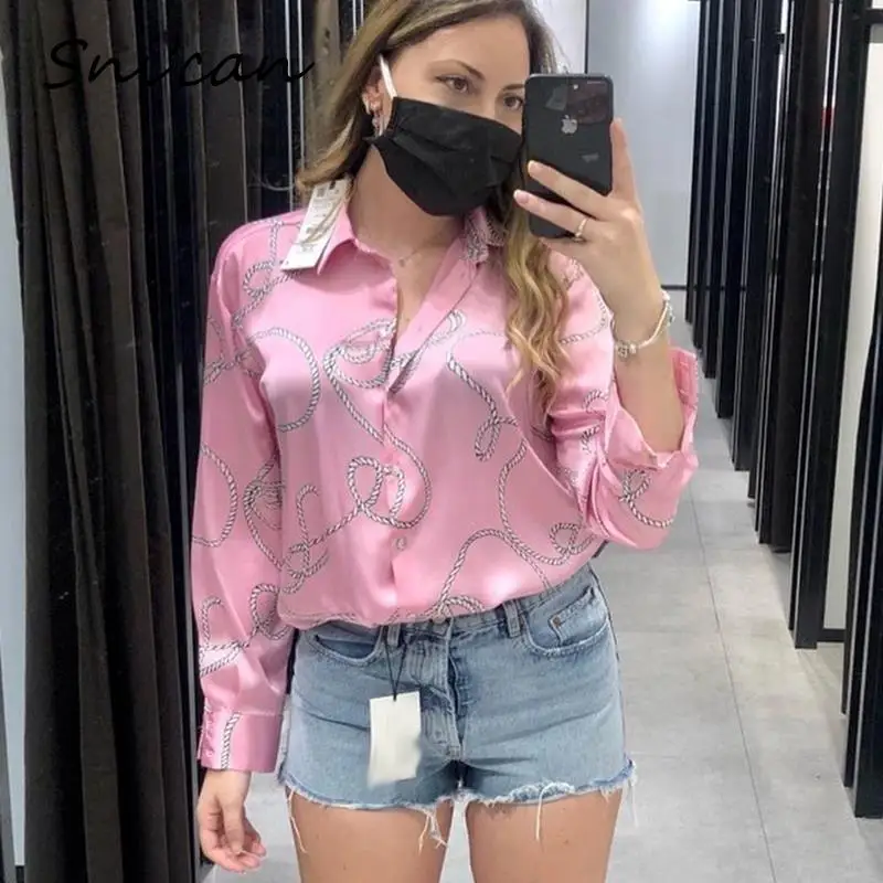 Женская атласная блузка с принтом цепей Za розовая винтажная большого размера