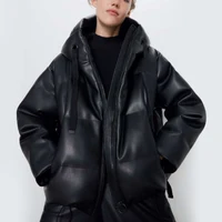 JMPRS Winter Women PU Parkas Vintage Black Faux Leather Jackets Streetwear Female Puffer Zipper Fashion Hooded Coats New 