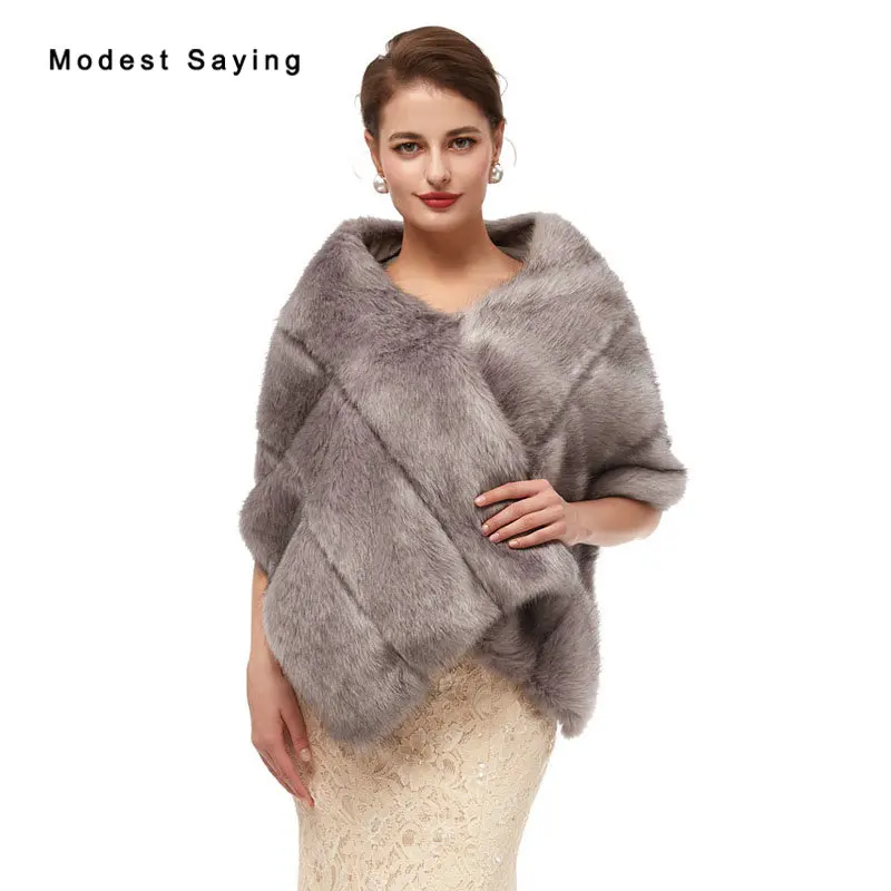 

Elegant Grey Faux Fur Wedding Shawls 2020 Bridal Shoulder Cover Ups Party Boleros Winter Stoles Warm Wraps Wedding Accessories