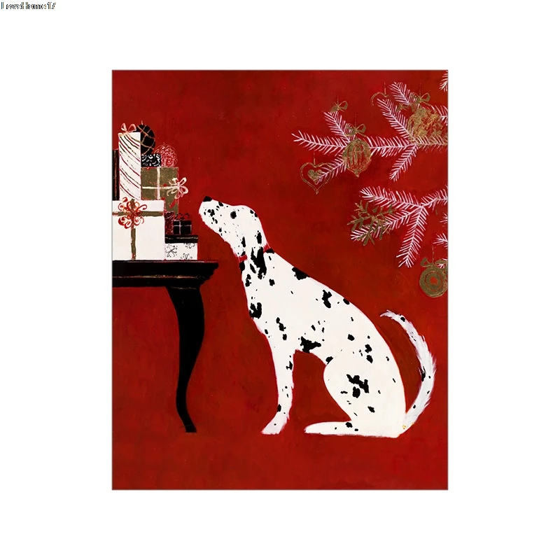 

Dog Cartoon Art Poster Dining Table Cute Red Background Room Children Kawaii Style Decorative Canvas Oil Painting