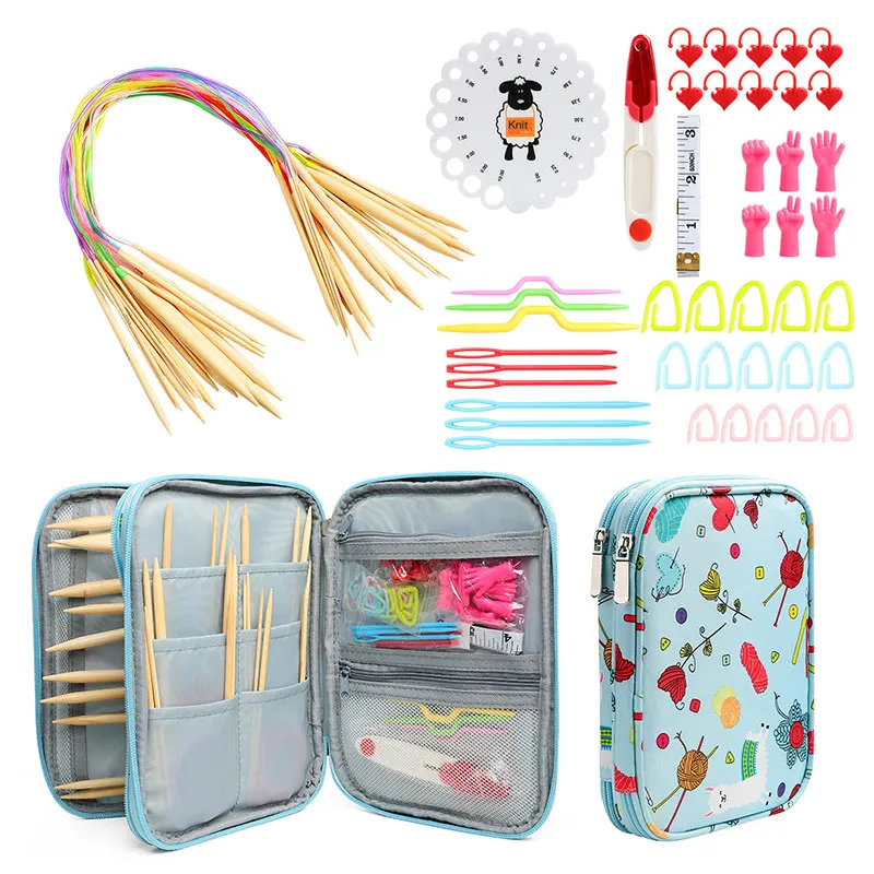 

Bamboo Circular Knitting Needle Set with Crochet Bag Weaving Tool Stitches Home DIY Handicraft Sewing Needlework Accessories