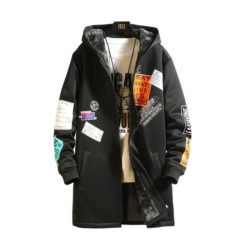 Ветровка мужская зимняя бархатная с капюшоном средней длины батальных размеров |