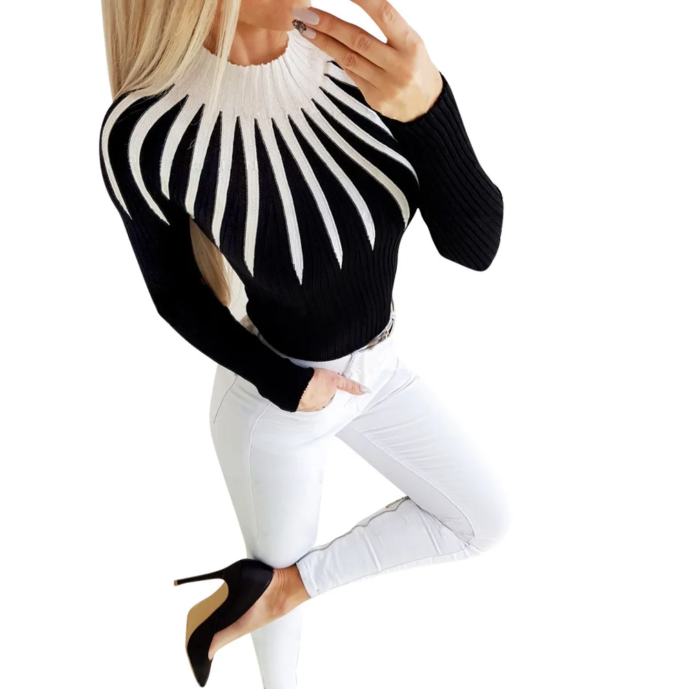 

2021 new fashion black and white women's Pullover 2020 autumn winter color knitted women's scarf long sleeve sexy sweater