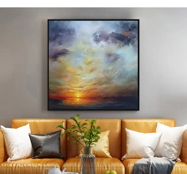 Sunset Painting Landscape Canvas Cloud Sky Abstract Oversize Wall Art Gold Yellow | Дом и сад