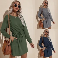 2021 autumn and winter new popular european and american womens long sleeved short skirt round neck solid color dress