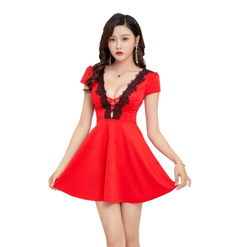 

2020 Nightclub women's new temperament low-cut deep V sexy dress Lace Office Lady Sheath Solid Lace Knee-Length