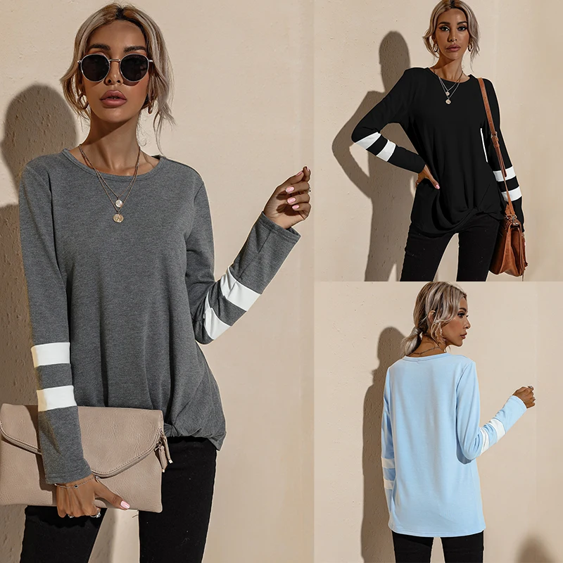

Женская футболка с длинным рукавом, модная футболка в полоску с круглым вырезом на весну и осень, Женский Повседневный Топ, новинка 2021