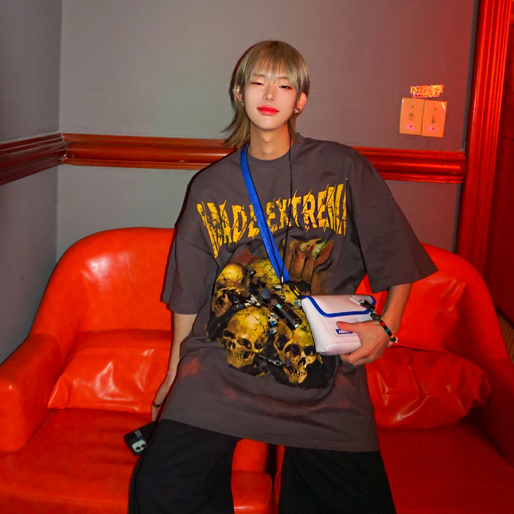 

Short sleeve t-shirt men's hip-hop fashion brand fried Street crew neck top black mourning skull print T-shirts TEES