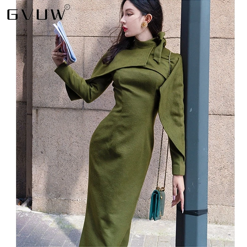 

Новинка Осень-зима 2021, шерстяное теплое и тонкое закрывающее талию платье GVUW с большим вырезом «рыбий хвост» и бантом для женщин