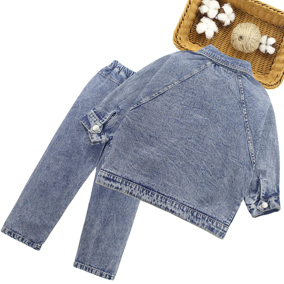 Комплект одежды для девочек однотонная джинсовая куртка + джинсы костюм из 2