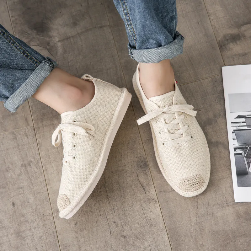 

Round Toe Breathable Shoes Slip-on Mixed Colors Casual Female Sneakers Flax Tennis Summer Slip On Linen Hemp Basic Rome Lace-Up
