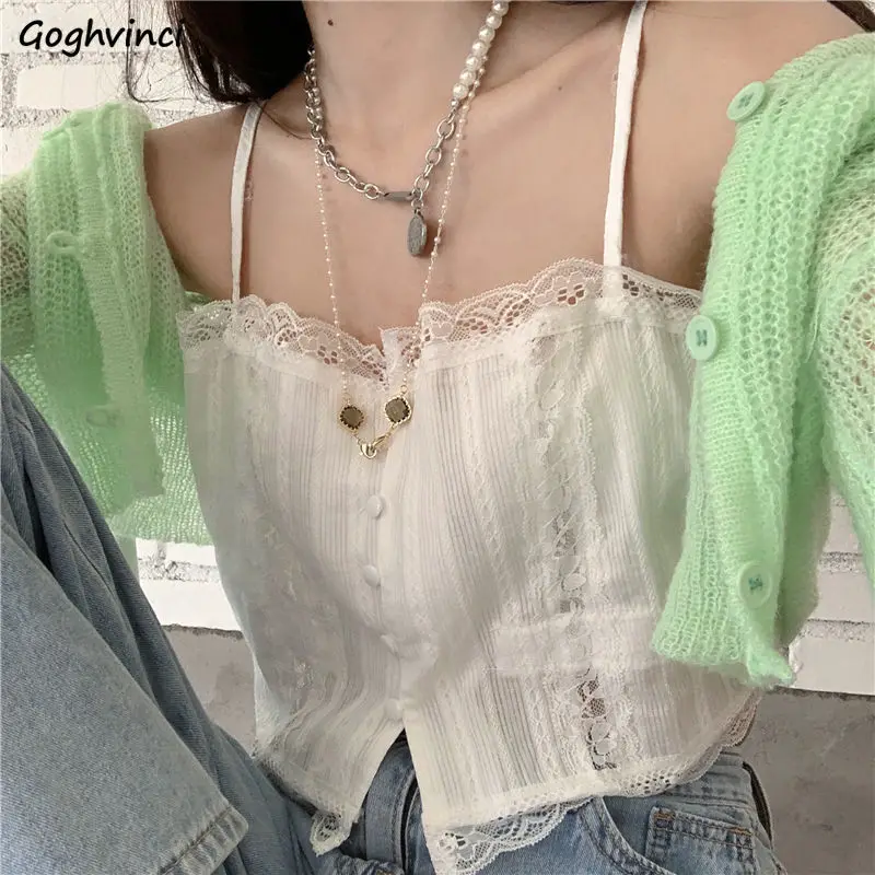 Women Camisoles White Lace Summer Sleeveless Crop Tops Sexy Girls Sweet Kawaii Fashion Clothes Spaghetti Straps All-match Casual