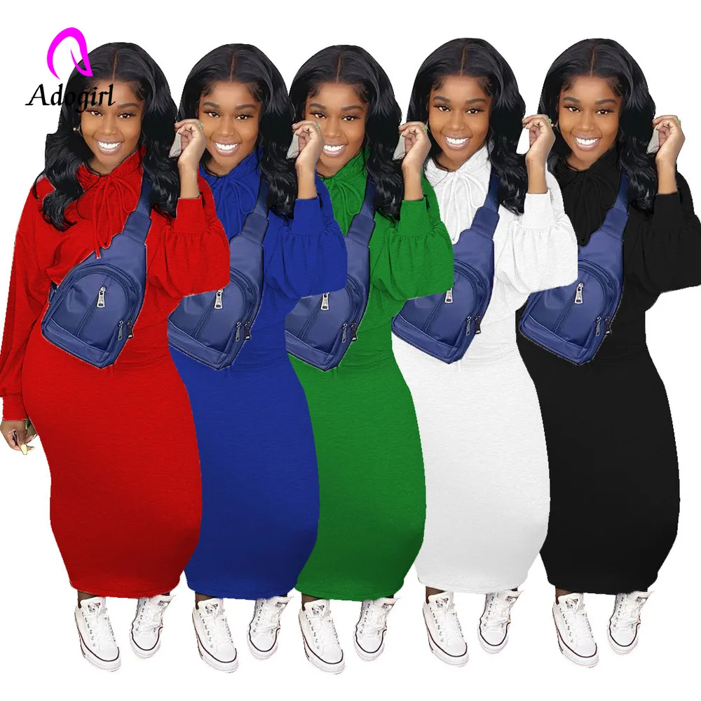 

Спортивный костюм женский из двух предметов, топ с капюшоном и облегающая длинная юбка, однотонный, обтягивающие наряды