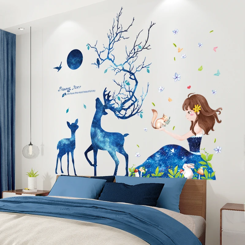 

[shijuekongjian] Cartoon Girl Wall Stickers DIY Deer Animal Mural Decals for Kids Rooms Baby Bedroom Nursery House Decoration