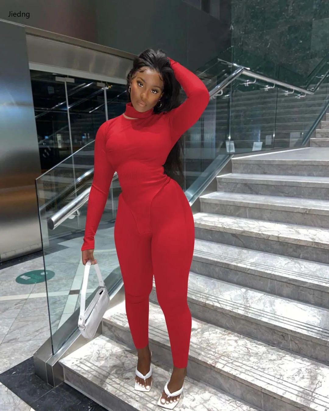 

2021 Spring and Autumn Women's Casual Tights Suit Solid Color High Collar Casual Pit Strip Irregular Two-piece Suit