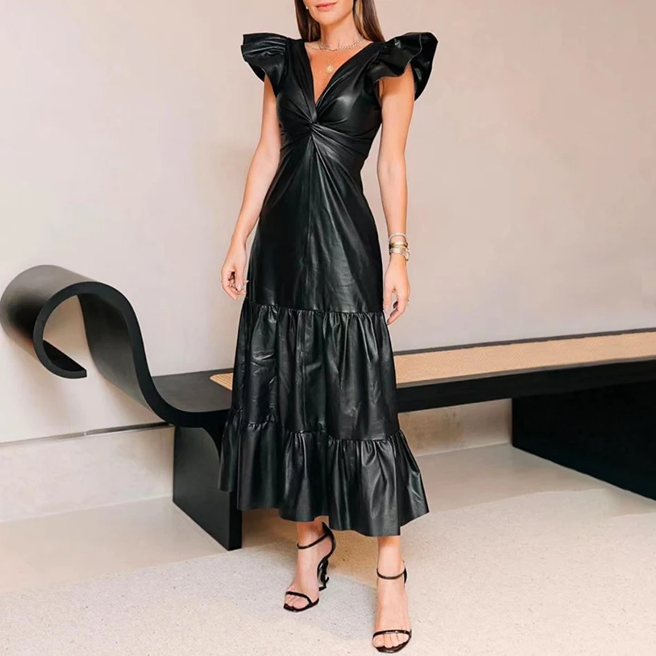 

2021 Fall New Style Black Deep V Neck Twisted High-Waisted Sexy Pu Leather Dress With Ruffled Waist And Long Waist Dress