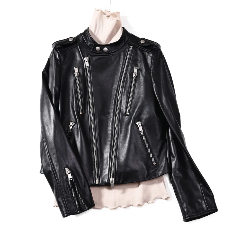 Женская куртка из натуральной кожи облегающая винтажная овчины на молнии весна