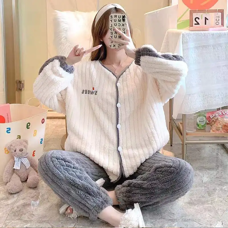Women Winter Coral Fleece Pajamas Sets Thick Warm Flannel Sleepwear 2-Piece Set V-Neck Female Long Sleeve Trousers Pyjamas