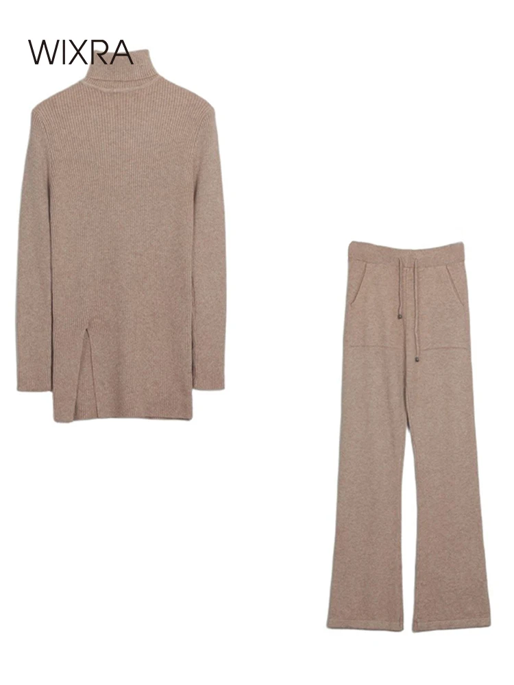 

Wixra Women Knitted Tracksuit Turtleneck Sweater + Drawstring Straight Pants Autumn Winter Female Solid 2 Piece Set