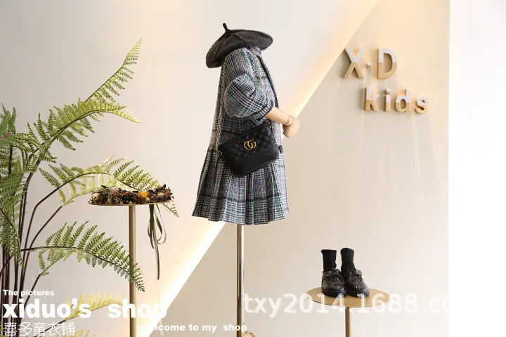 Children's jacket 2019 autumn and winter new girls retro tone tartan suit lapel three-dimensional pleated wrinkle dress | Детская