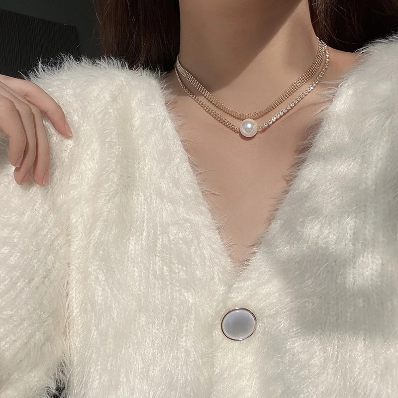

2021 high-end pearl flash diamond necklace female European and American design fashion choker double necklace