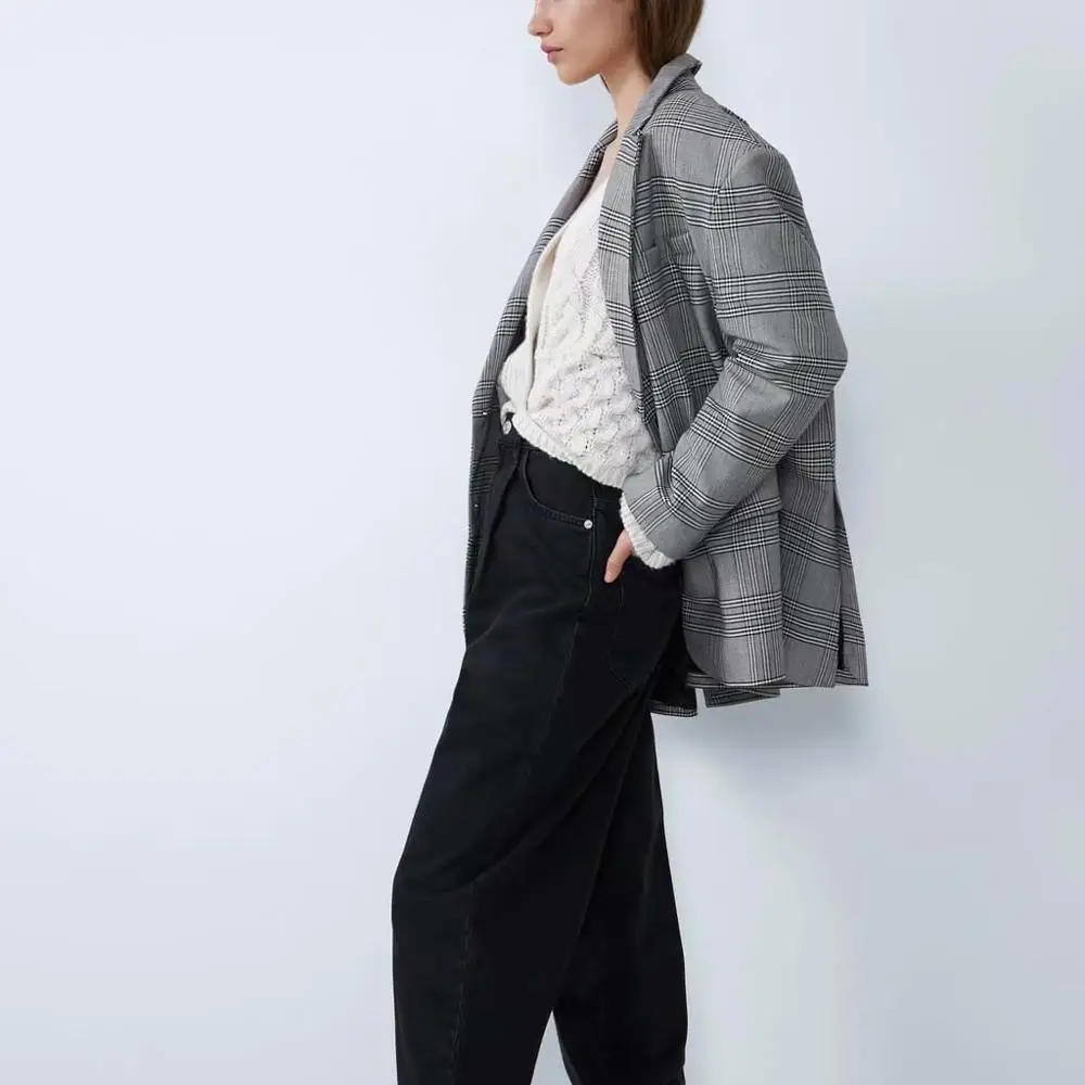2019 ZA Winter Jacket Women Loose Plaid Blazer Coat Fashion Casual Long Sleeve Turn Down Collar Single Breasted Suit Jackets | Женская