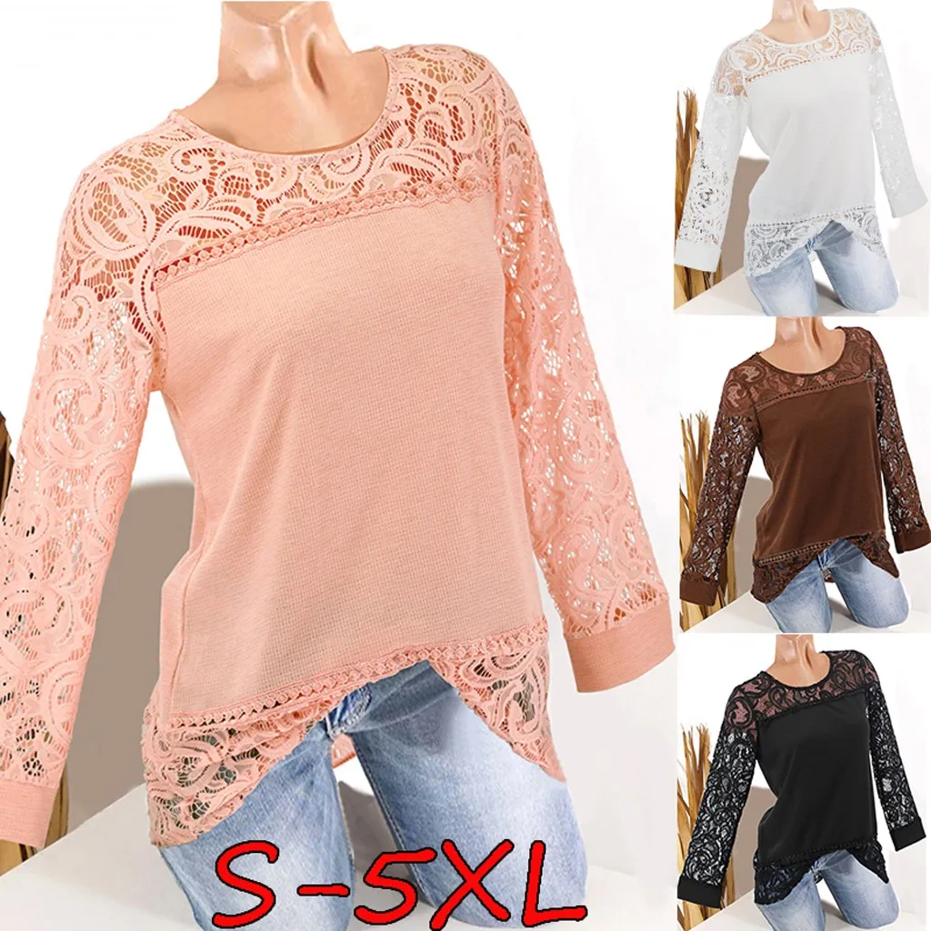 Большие размеры White женские белые блузки с длинным рукавом шифоновое кружево