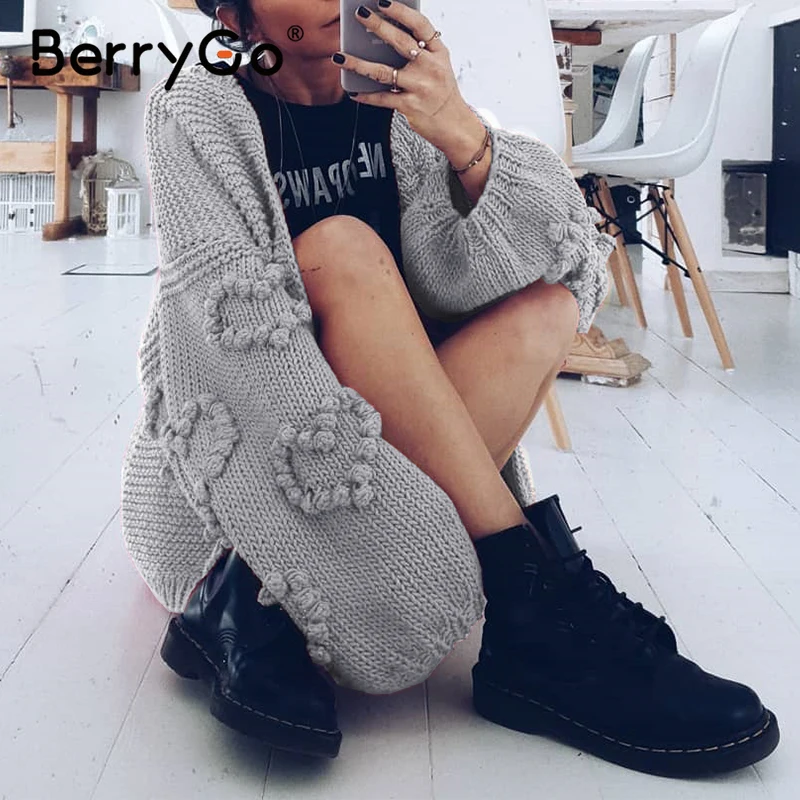BerryGo свободный Женский вязаный кардиган негабаритный фонарь рукав сердце
