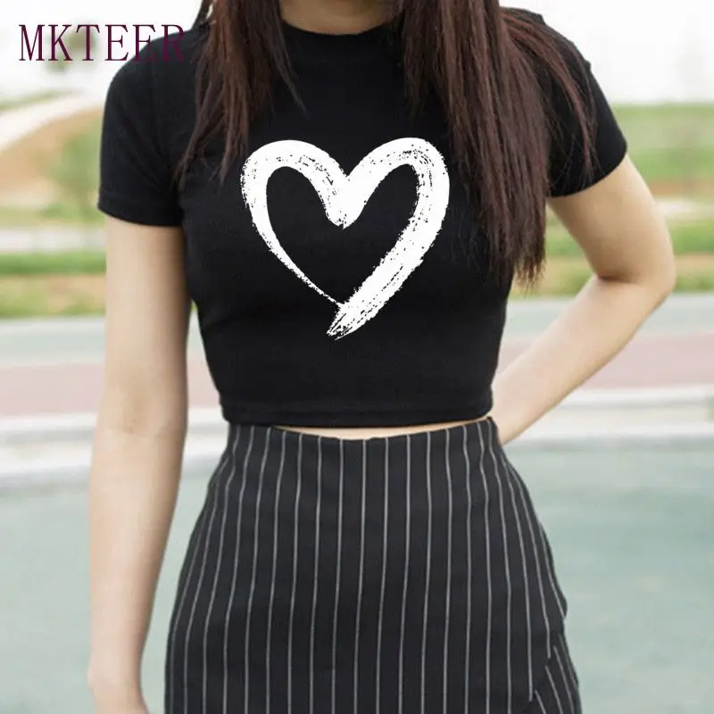 

New Heart Casual Solid O-Neck Short Sleeve Crop Top Women White T-Shirt Female Tee Shirt Top For Women Clothing 2021 Hot Sell